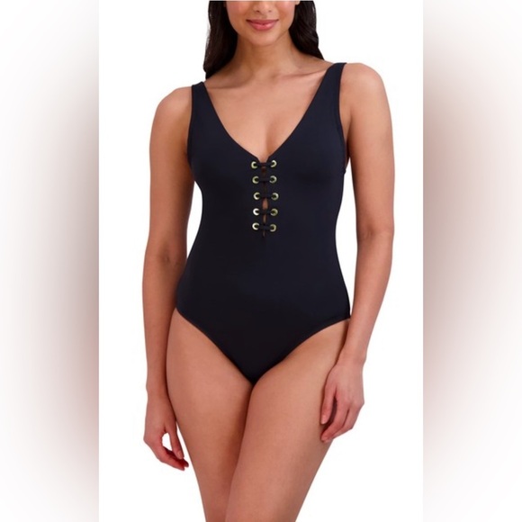BCBGMAXAZRIA One Piece Swimsuit Lace Up Grommet Tummy Control Black Size Small - Picture 2 of 6